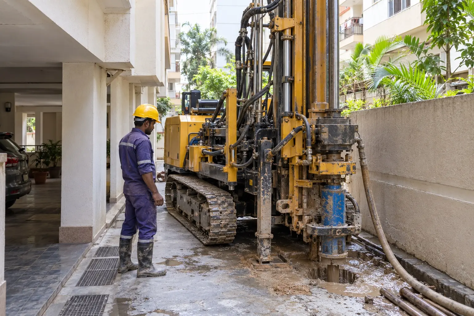 Compact borewell drilling rig in a narrow residential driveway