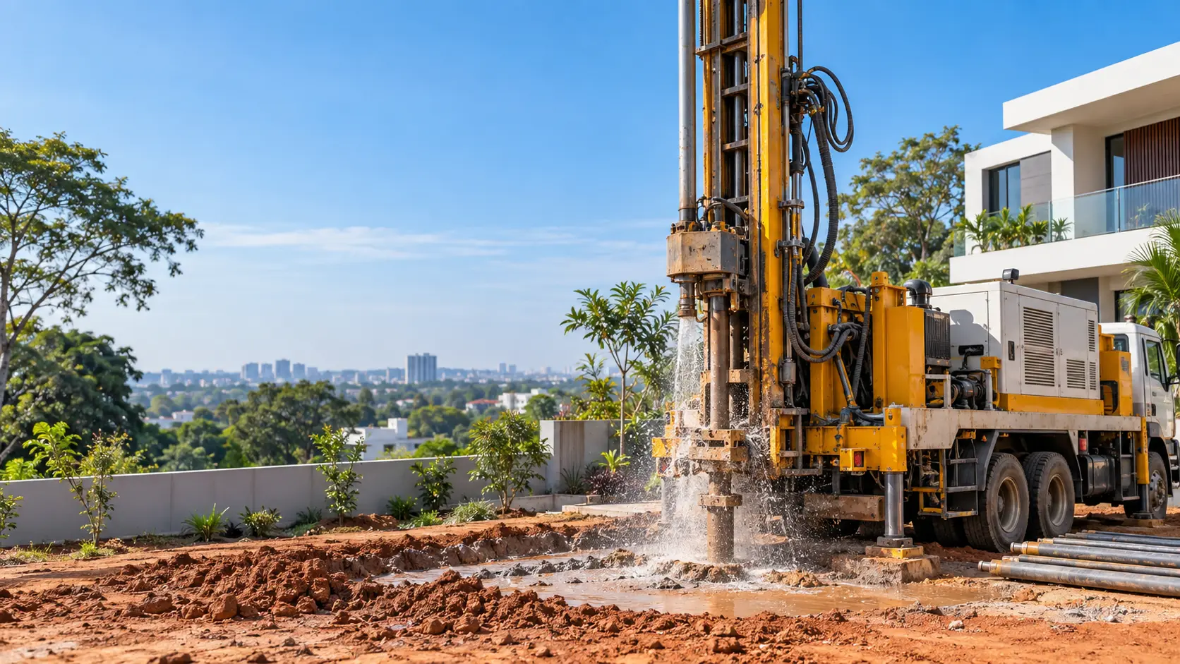 Borewell drilling rig working at a Bengaluru property