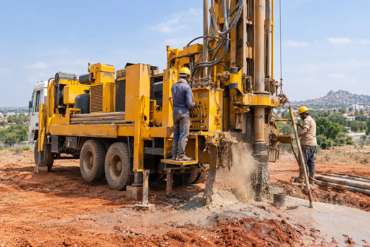 Large borewell drilling rig working on open land near Bengaluru