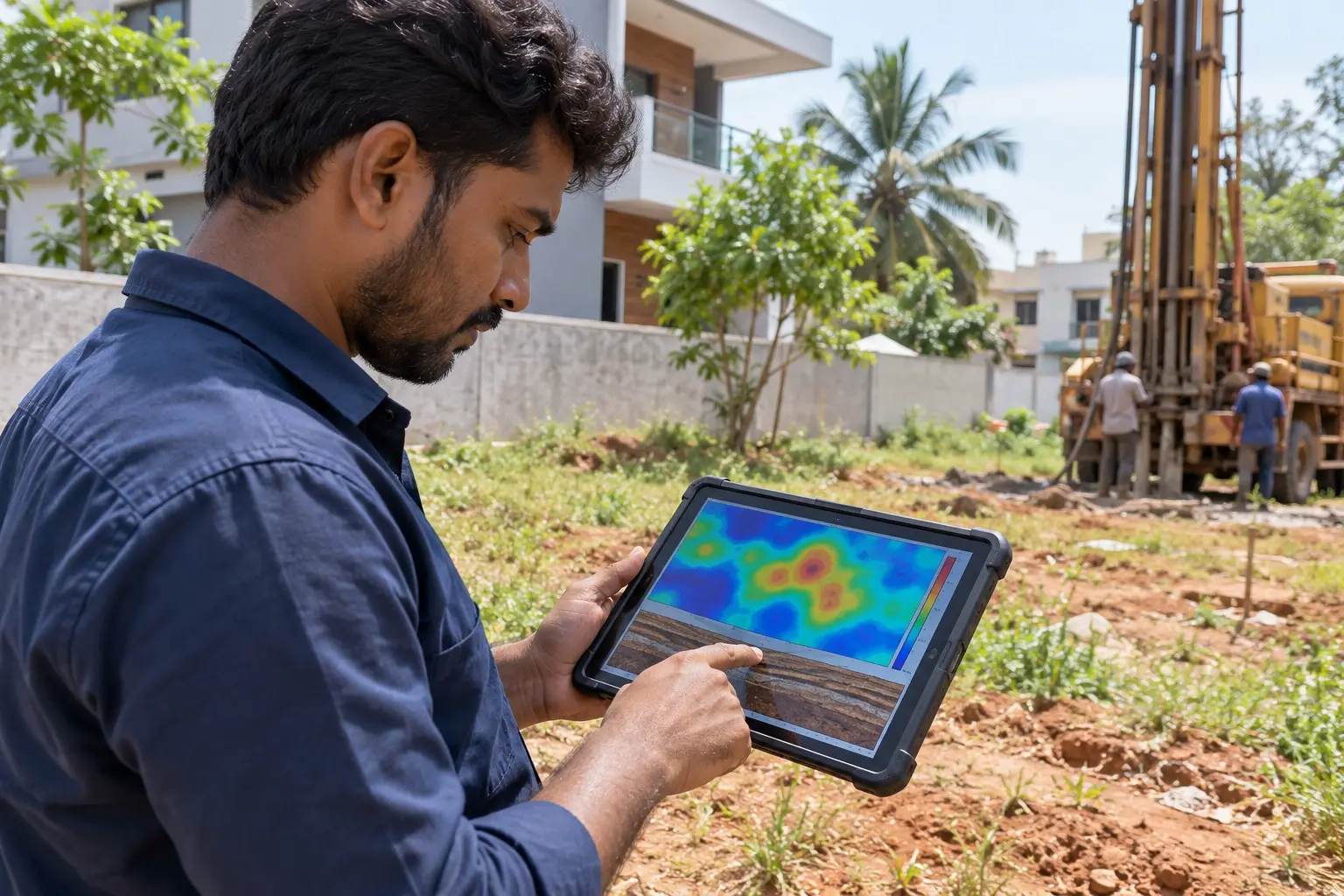 Technician reviewing a groundwater survey before borewell drilling