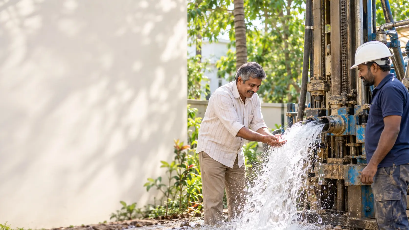Homeowner checking water beside a borewell drilling rig